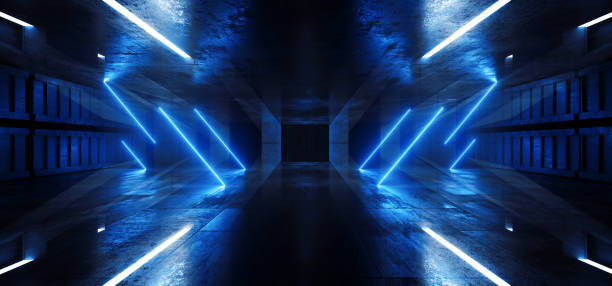 istock Grunge Futuristic Cyber Sci Fi Modern Concrete Warehouse Corridor Tunnel Studio Stage Underground Hangar Blue Vibrant Lasers Neon Lights 3D Rendering 1920044004