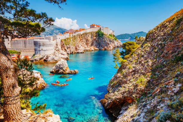 Great view at famous city of Dubrovnik. Croatia, South Dalmatia, Europe. Great view at famous european travel destination city of Dubrovnik - Fort Bokar seen from south old walls on a sunny day. Location place Croatia, South Dalmatia, Europe. Discover the beauty of earth. game resort pictures stock pictures, royalty-free photos & images