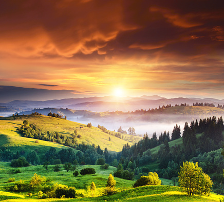 Exotic view on countryside in the morning light. Location place Carpathian, Ukraine, Europe. Scenic image of travel destination. Adventure vacation. Summer season. Discover the beauty of earth.