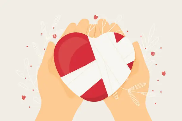 Vector illustration of heart with bandage on opened hands; unhappy love, Valentine's Day concept - vector illustration