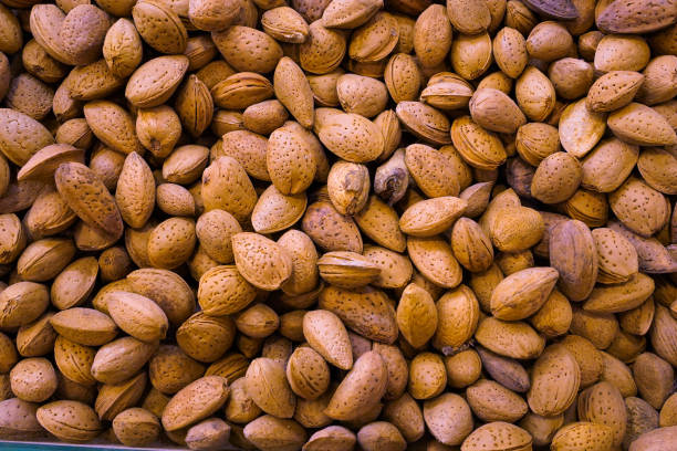 Close-up shot of shelled almonds on the market shelf