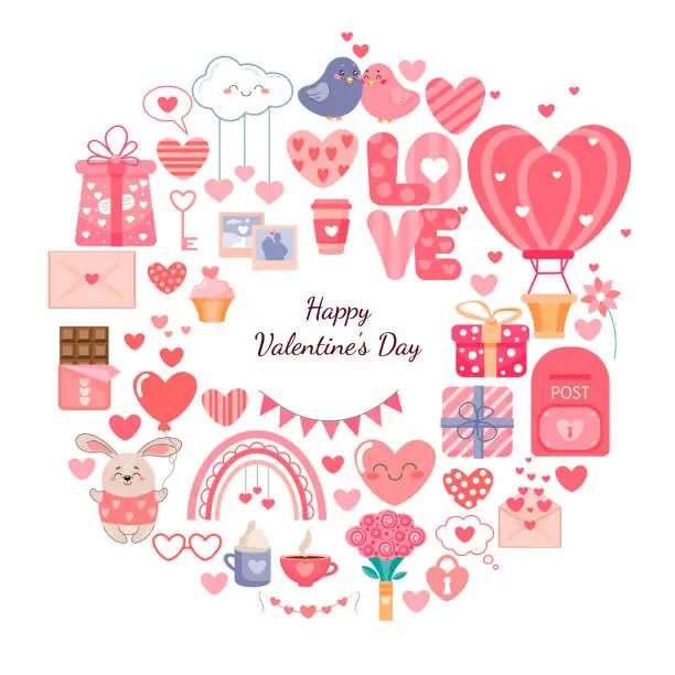 Vector illustration of Vector festive set of elements for Valentine's Day. Suitable for creating postcards, invitations, banners, posters, prints, web design. Cartoon-style illustrations isolated on a white background