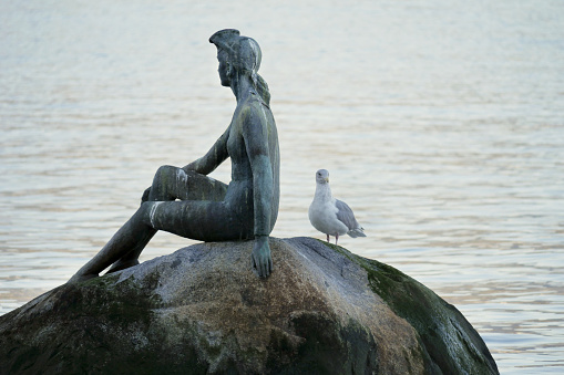 A seagull next to the Girl in a Wetsuit bronze sculpture between Brockton Point and the Lions Gate Bridge at Stanley Park in Vancouver, British Columbia, Canada.