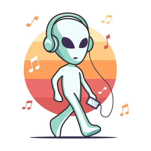 Vector illustration of Cartoon retro groovy alien walking in headphones and listening to music, mascot in trendy vintage style. Cute smiling alien character, UFO, grunge poster. High quality flat vector illustration.