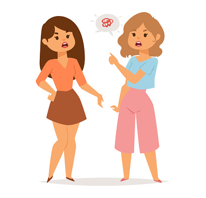 Two women arguing with one showing a prohibitive gesture and the other angry. Communication breakdown, misunderstanding conversation vector illustration.