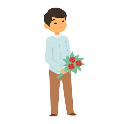 Young Asian man holding bouquet of red roses smiling gently. Casual attire, romantic gesture, gift of flowers vector illustration.