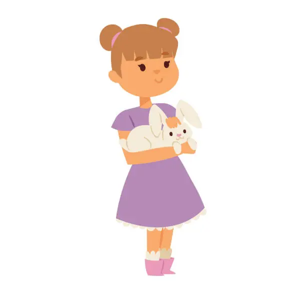 Vector illustration of Young girl holding a white rabbit, cute child in a purple dress with pet, happy childhood and pet care concept vector illustration.