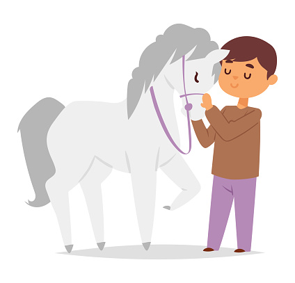 Young boy gently petting white horse, both shown in profile on clear background. Child enjoying time with horse, animal friendship concept vector illustration.