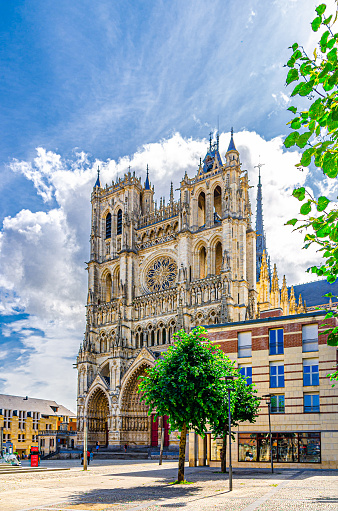 Amiens Cathedral Basilica of Our Lady Roman Catholic Church on Place Notre Dame square in old historical city centre, Cathedrale Notre-Dame, France landmarks, Hauts-de-France Region, Northern France