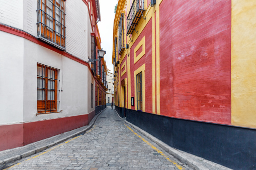 Colorful street in the old town of Sevilla, Spain