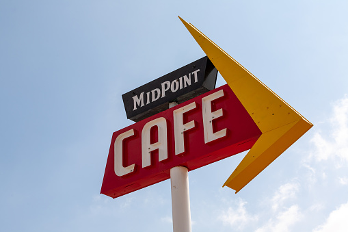 Adrian, Texas, United States - 12 June 2009: 
 Midpoint Cafe and Fabulous 40 Motel, located on Route 66, stand as iconic landmarks and cultural treasures, inviting travelers to experience the charm of classic Americana.