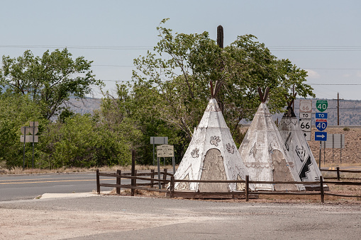 Seligman, Arizona, United States, 14 June 2009: Teepees in Seligman, Arizona, stand as a Route 66 landmark, offering vintage lodging and iconic roadside charm.
