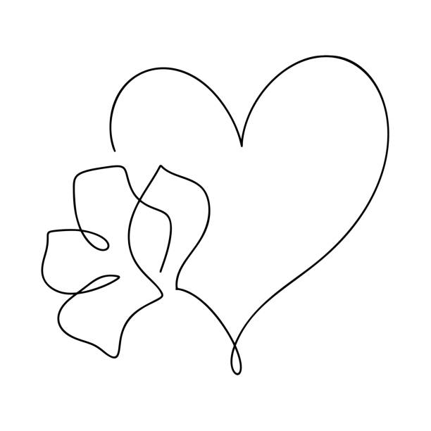 hand drawn love heart with flower monoline vector logo one art line illustration. black outline. element for valentine day banner, spring poster, greeting card - 11906 stock illustrations