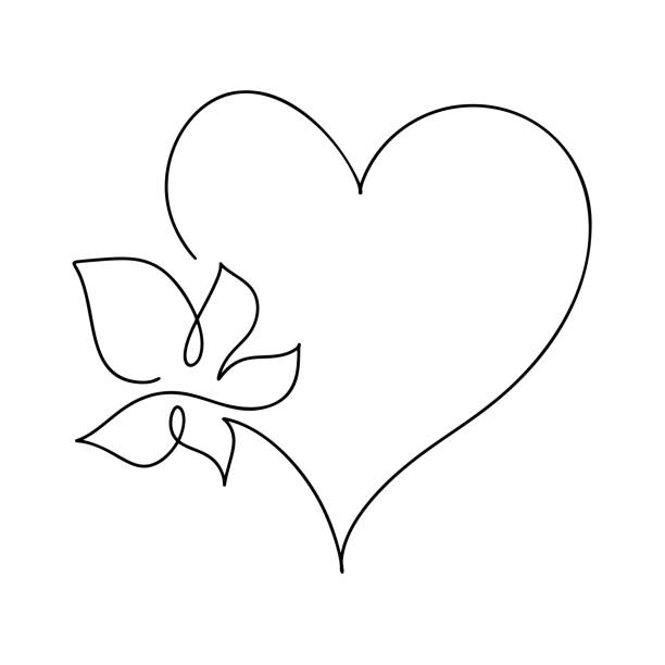 hand drawn love heart with flower monoline vector logo one art line illustration. black outline. element for valentine day banner, spring poster, greeting card - 11907 stock illustrations