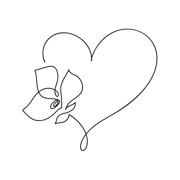 hand drawn love heart with flower monoline vector logo one art line illustration. black outline. element for valentine day banner, spring poster, greeting card - 11905 stock illustrations