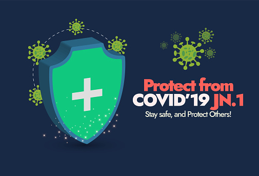 Raise awareness about the new Covid-19 variant JN.1 with an impactful Facebook cover banner designed to prioritize safety and protection. 

The banner features a striking dark blue background, instilling a sense of seriousness and urgency. Prominently displayed on the banner are essential symbols such as a protection shield icon, emphasizing the importance of safeguarding oneself from the new variant. 

Additionally, corona cell icons are strategically incorporated, serving as a visual representation of the virus, reinforcing the need for vigilance. 

The concise and powerful message, 