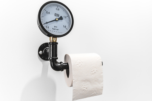 Original homemade and design toilet paper dispenser with piping and a pressure gauge hanging on a white wall of a cozy loft. This photo was taken in a loft in the small village of Ambronay, in the Ain department in the Auvergne-Rhone-Alpes region in France.