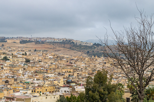 Morocco, Fes - aerial view of the city and medina of Fez, including details