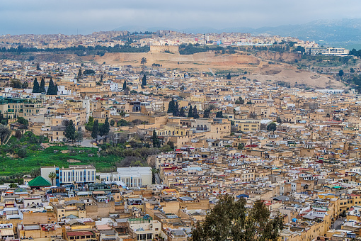 Morocco, Fes - aerial view of the city and medina of Fez, including details