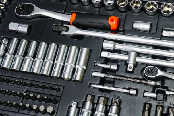 istock Tool box, tool kit closeup with set of hex, torx and screwdriver bits and ratchet wrench sockets 1920244278
