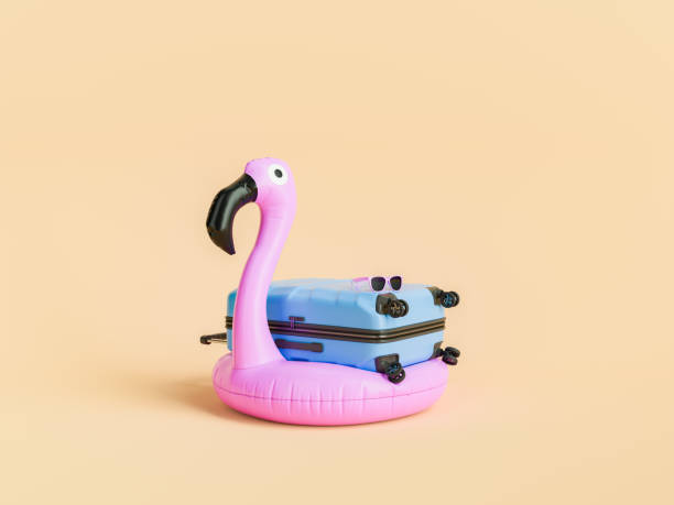 istock Flamingo Float and Suitcase with Sunglasses, Vacation Concept 1920254400