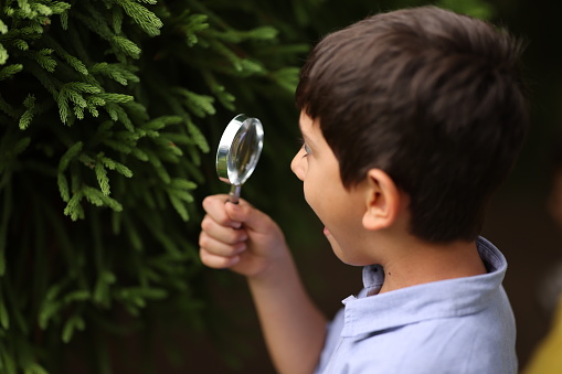 Little boy with magnifying glass in park