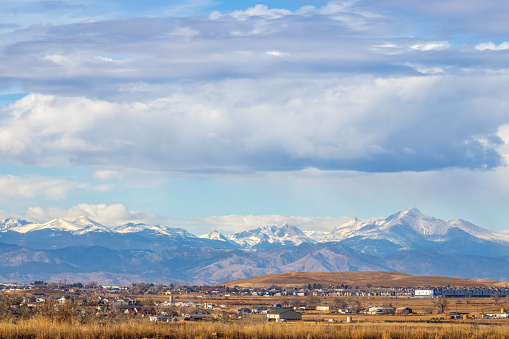 Colorado Living. Loveland, Colorado - Denver Metro Area Residential Winter Panorama with the view of Front Range mountains in the distance