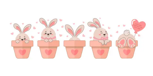 Vector illustration of Vector set of illustrations with cute rabbits sitting in flower pots