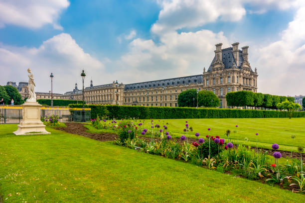 Paris, France - May 2019: Louvre palace and Tuileries garden in spring