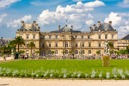 Paris, France - May 2018: Luxembourg palace and gardens in Paris