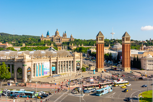 Barcelona, Spain - June 2019: Spain square and Montjuic hill on a sunny day
