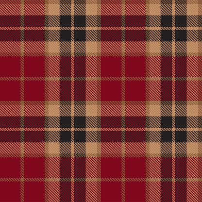 Red and brown Scottish tartan plaid pattern, fabric swatch close-up.