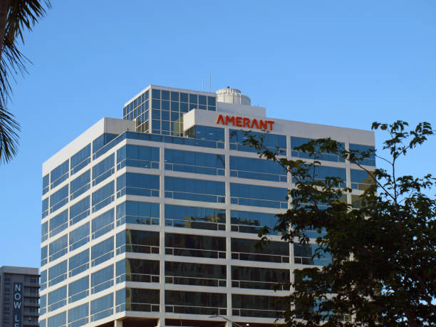 Amerant Bank logo in Miami building. Miami, Florida, United States - December 29, 2023: Building with the logo of Amerant Bank in Kendall.  Only for editorial use. kendall stock pictures, royalty-free photos & images