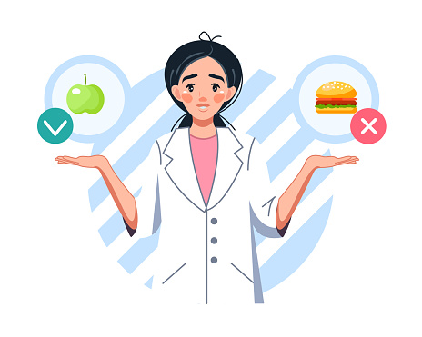 A woman nutritionist with an apple and a hamburger in her hands. Choose between healthy and unhealthy food, fast food and a balanced menu. Comparison of fast food and balanced menu. Vector