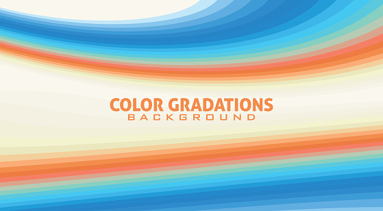 Abstract color gradations with faded orange and picton blue curved stripes on a ecru background. Vector graphic pattern. CMYK colors