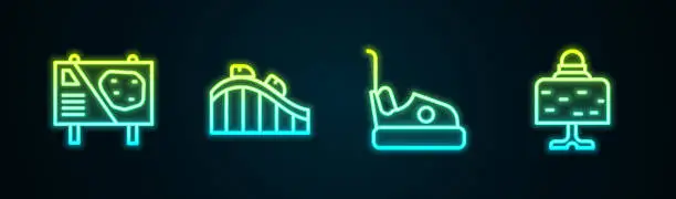 Vector illustration of Set line Amusement park billboard, Roller coaster, Bumper car and Magic ball on table. Glowing neon icon. Vector