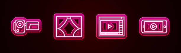 istock Set line Cinema camera, Curtain, Online play video and . Glowing neon icon. Vector 1920350427