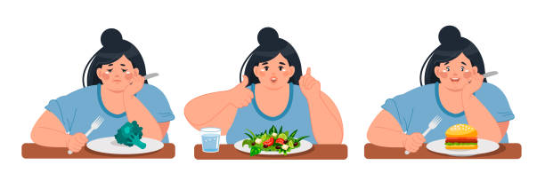 ilustrações, clipart, desenhos animados e ícones de vector set com uma mulher obesa tomando comida para o almoço, café da manhã ou jantar. ilustração vetorial - overweight women salad frustration