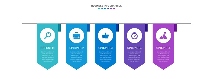 Timeline infographic with infochart. Modern presentation template with 5 spets for business process. Website template on white background for concept modern design. Horizontal layout