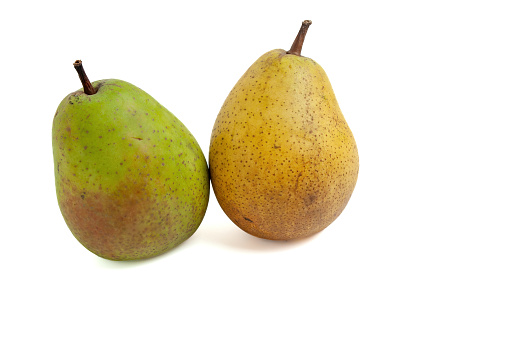 Two raw pear with white background.