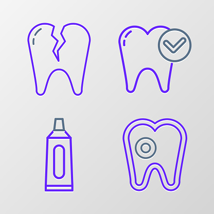Set line Tooth with caries Tube of toothpaste whitening concept and Broken icon. Vector.