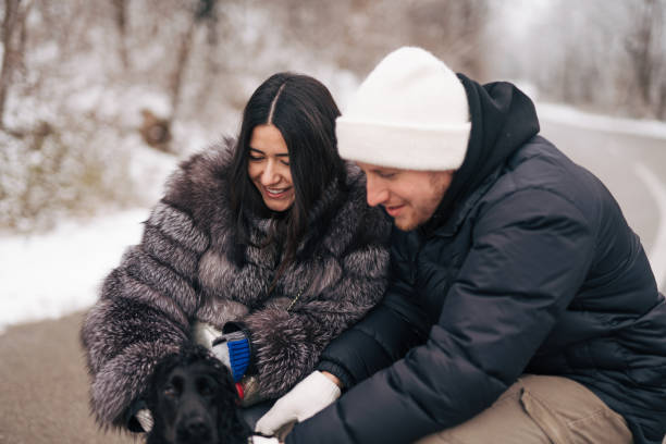 istock Couple in the snow play with dog 1920384347