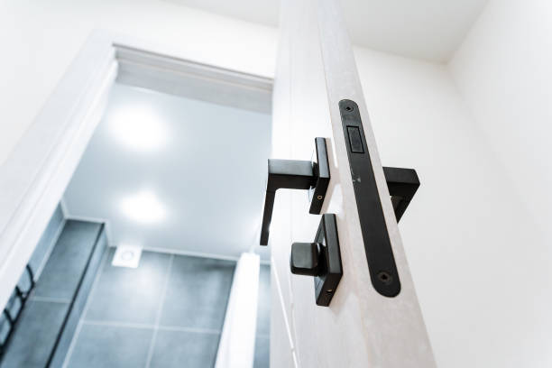 istock Open bathroom door, door lock, black door handle, latch, locking mechanism. 1920392072
