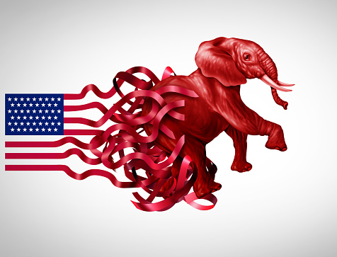 United States Conservative Crisis and right wing Political Fight or traditional ideology concept as a red elephant in American political challenge for presidential election or primary nomination and president nominee or senate election.