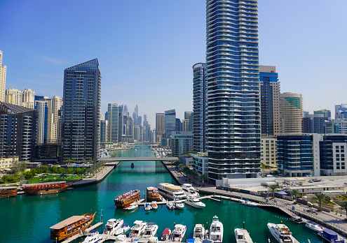 Dubai Marina in Dubai, UAE. View of the skyscrapers and the canal,