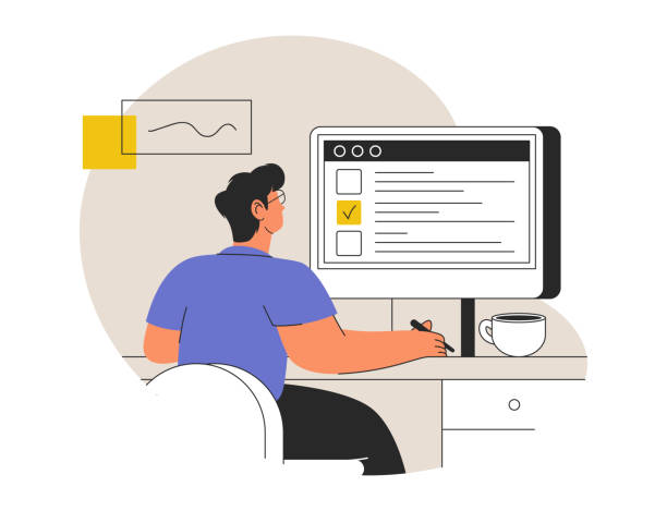 stockillustraties, clipart, cartoons en iconen met online examinations illustrations concept. trendy vector style. confirmation. - fictieve figuren