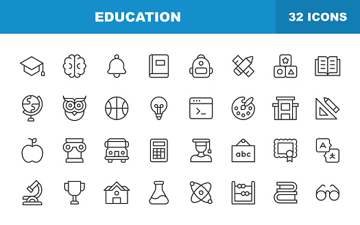 Education Line Icons. Editable Stroke. Contains such icons as Book, Arts, School, Programming, Mathematics, Atom, Learning, Glasses.