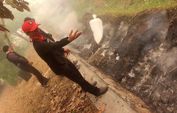 Palangka Raya City, Central Kalimantan Province, Indonesia - October 21, 2015 - Environmental activists threw water bombs on burning peatlands on the outskirts of Palangka Raya City. This water bomb is in the form of a used plastic bag filled with water which can extinguish fires that burn peat.