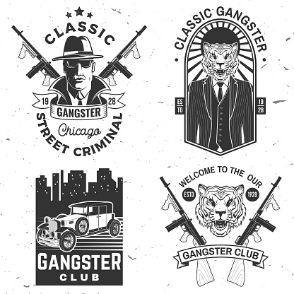 Set of gangster club badge design. Vector illustration. Vintage monochrome label, sticker, patch with american retro car, gangster with submachine gun and tiger gangster silhouettes