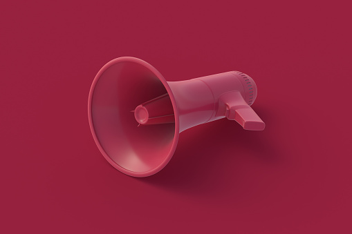 Megaphone of magenta on red background. 3d render